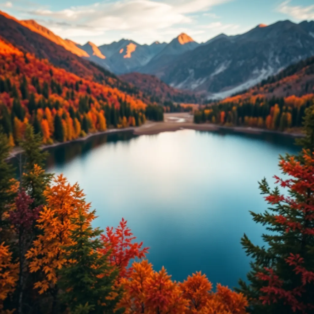 Aerial Autumn Lake Surrounded by Mountains