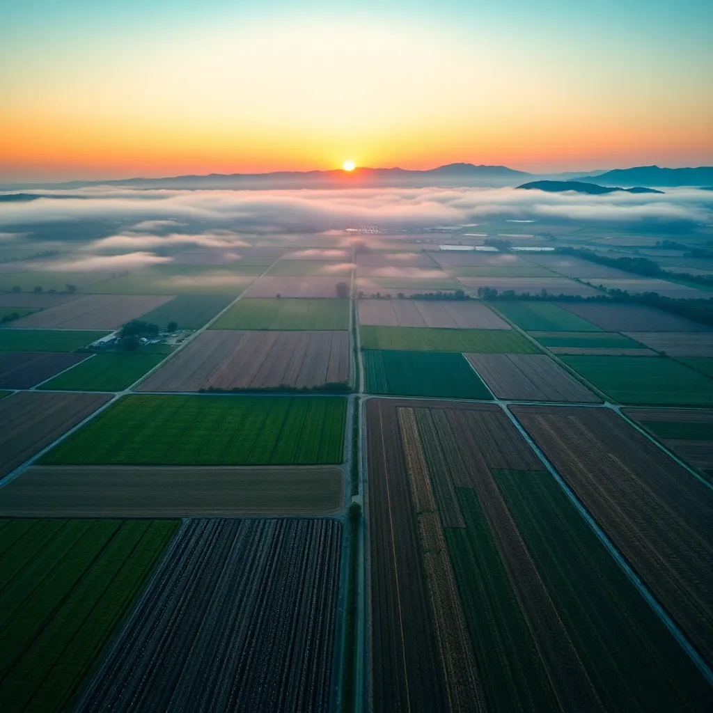 Aerial Agricultural Landscape at Sunrise