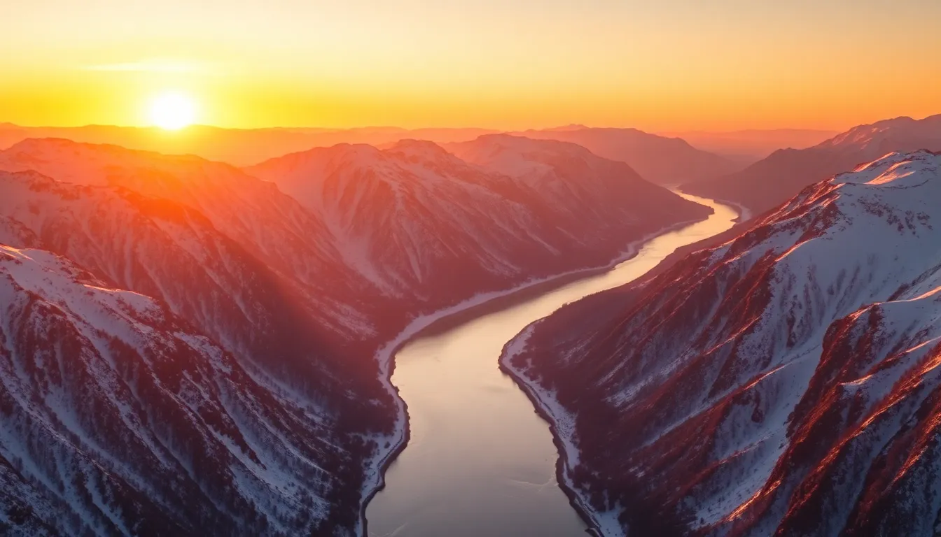 Snow-Capped Mountains and Winding River at Sunrise