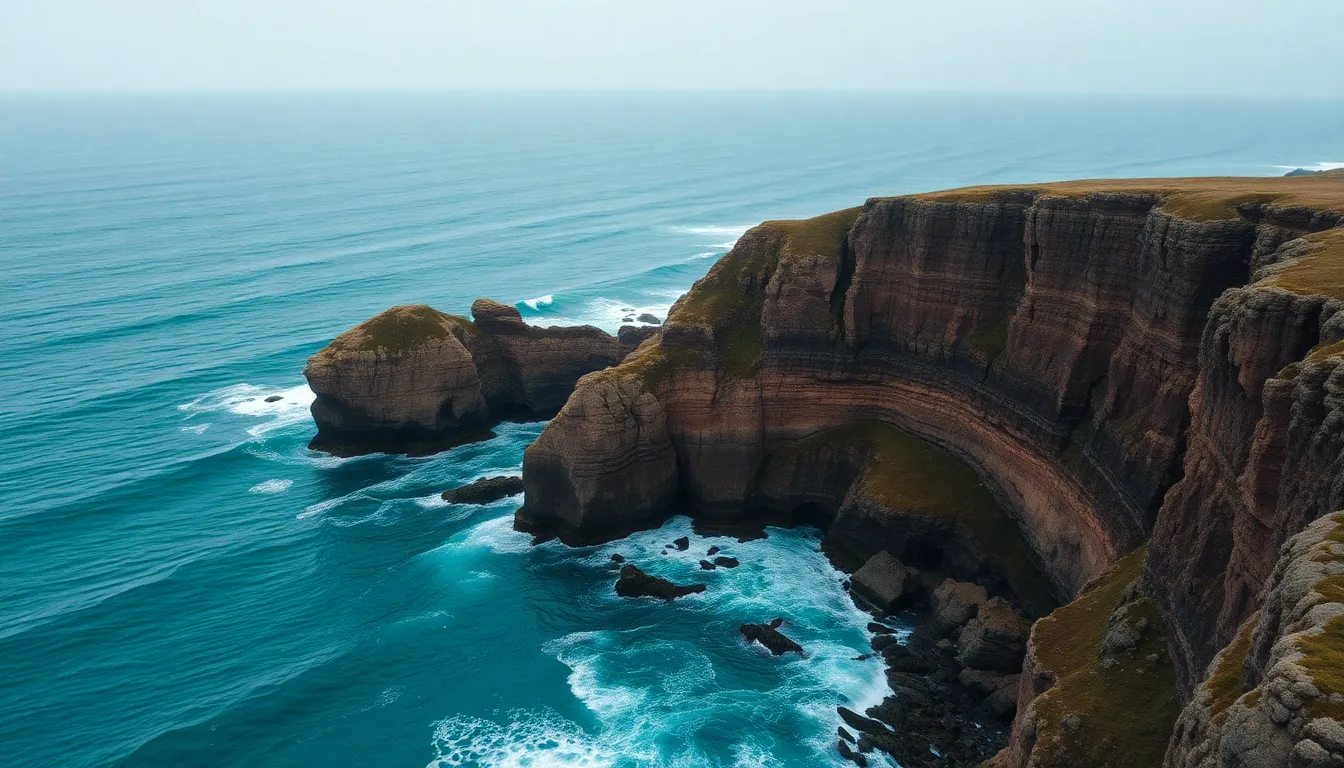Aerial View of Coastal Cliffs and Waves