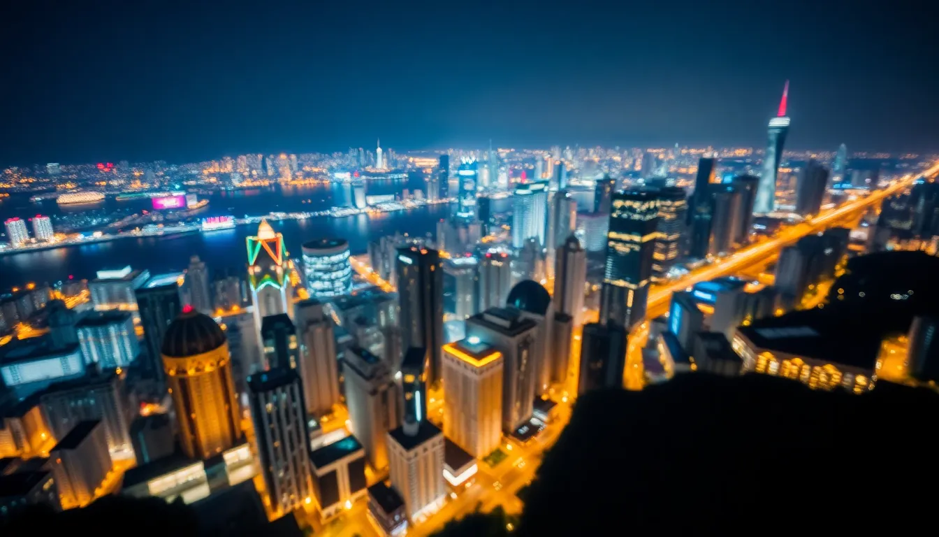 Aerial View of City Skyline at Night