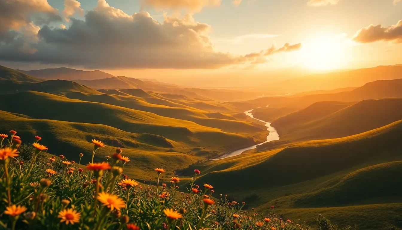 Golden Hour Aerial View of Lush Valley