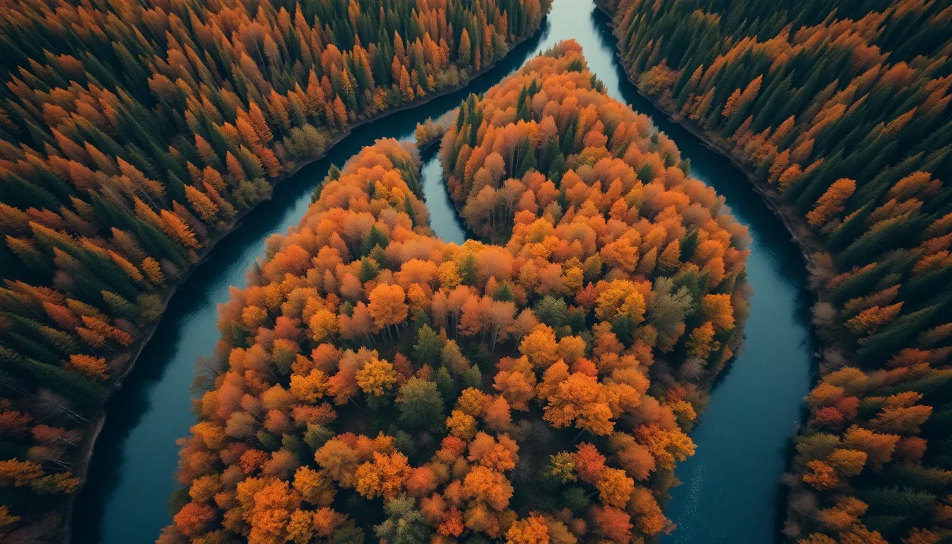 Aerial View of Autumn Forest and River