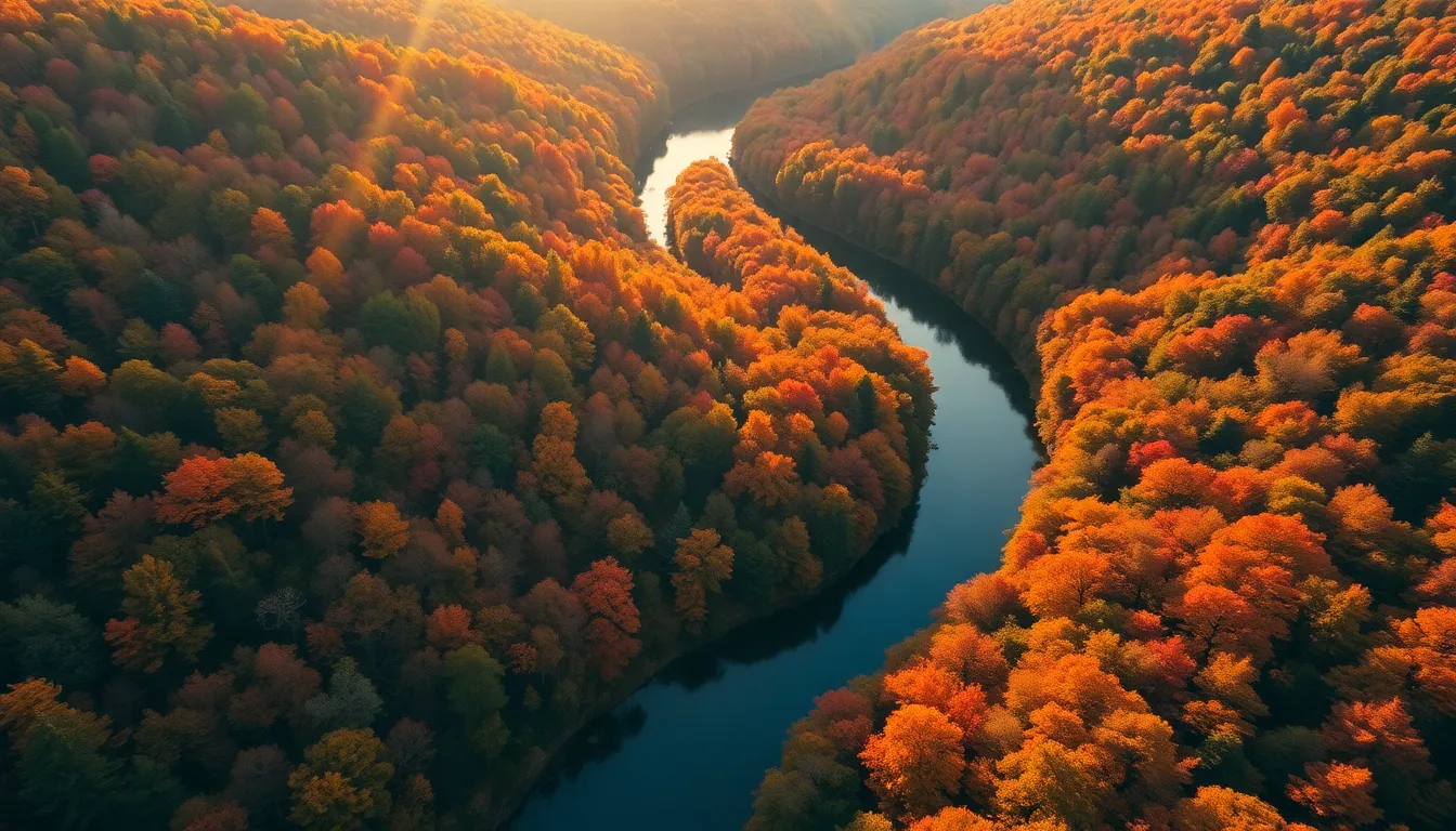 Aerial View of Autumn Forest and River