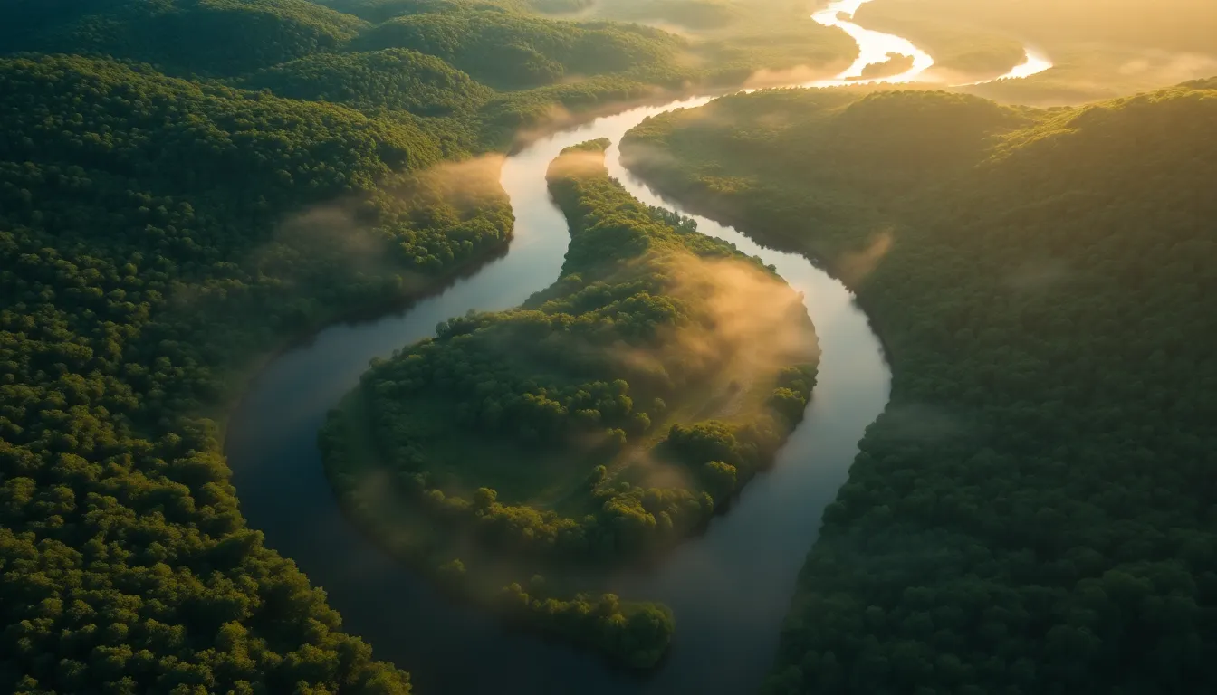 Winding River in Lush Valley at Golden Hour