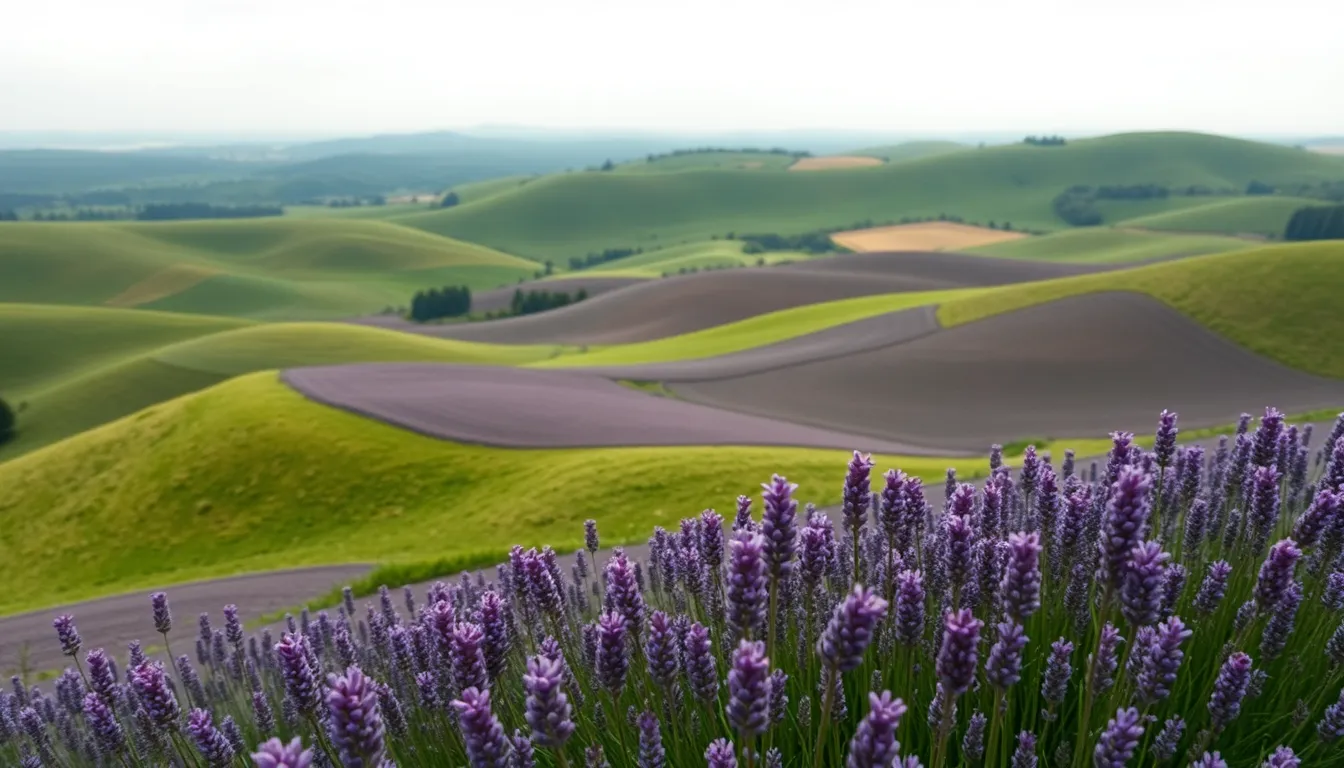 Aerial View of Lavender Fields and Rolling Hills