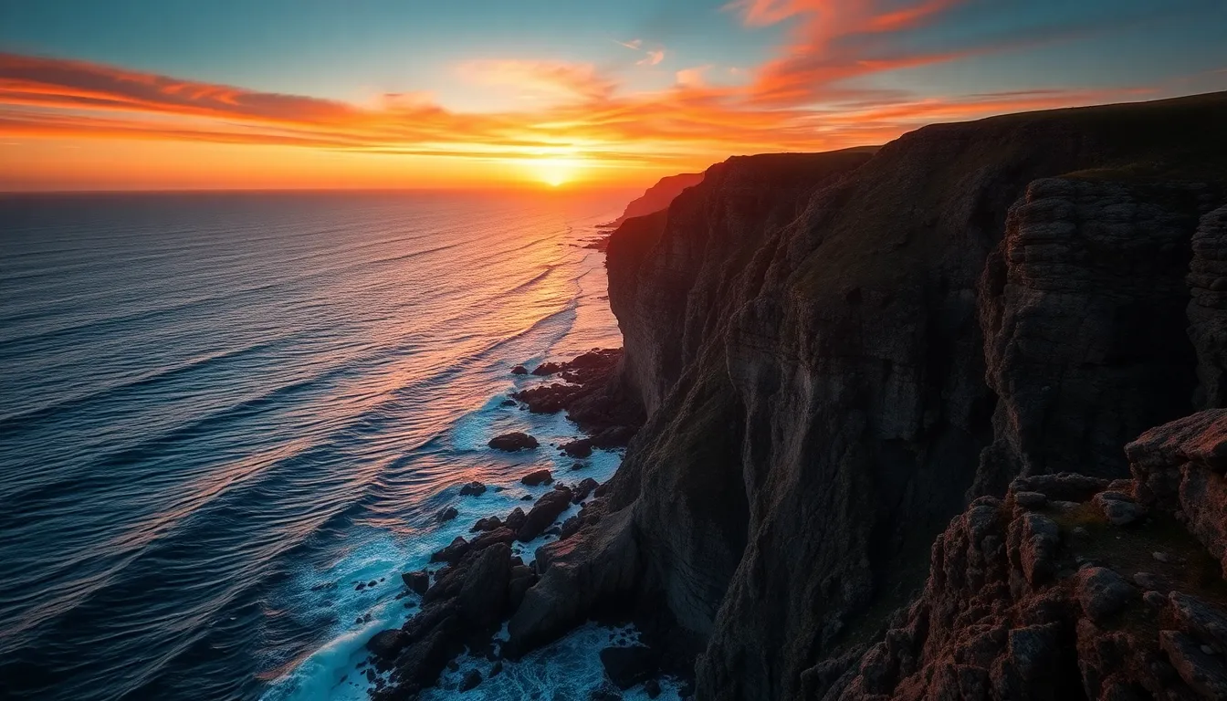 Dramatic Aerial View of Rugged Coastline at Sunrise