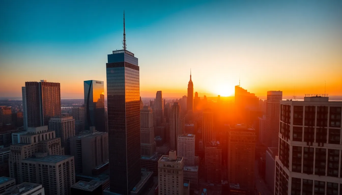 City Skyline Aerial View at Sunset
