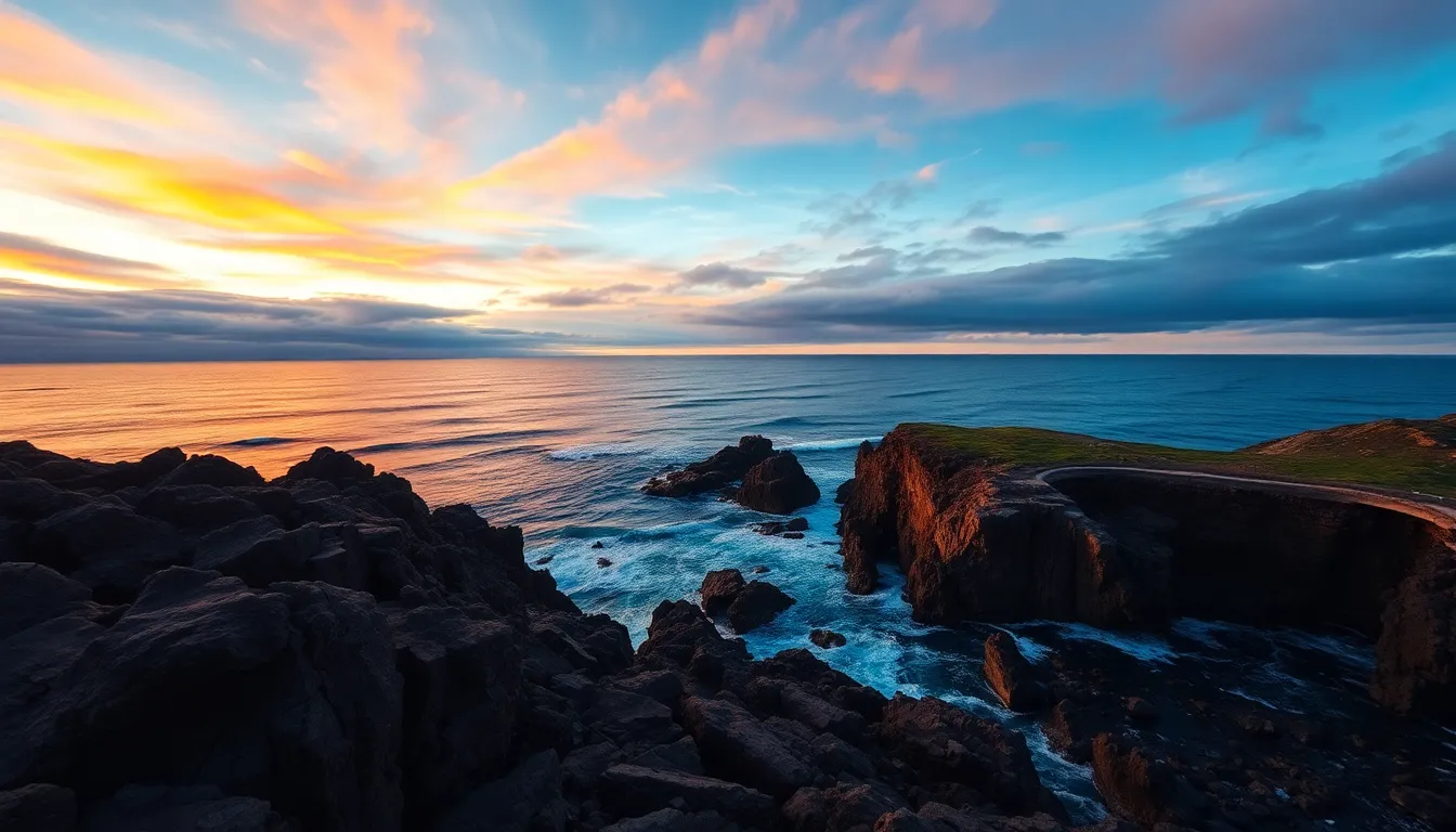 Dramatic Aerial View of Rugged Coastline at Sunset