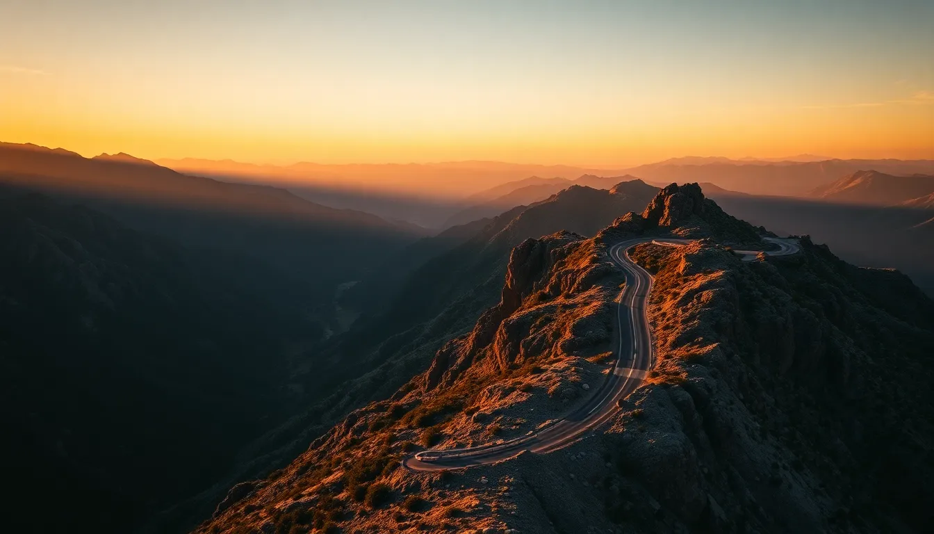 Mountain Road Aerial View at Sunset