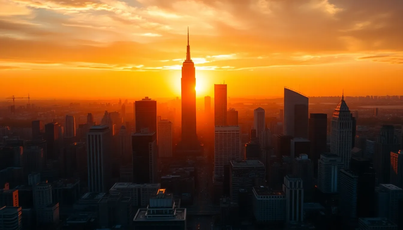 City Skyline at Sunset Aerial View