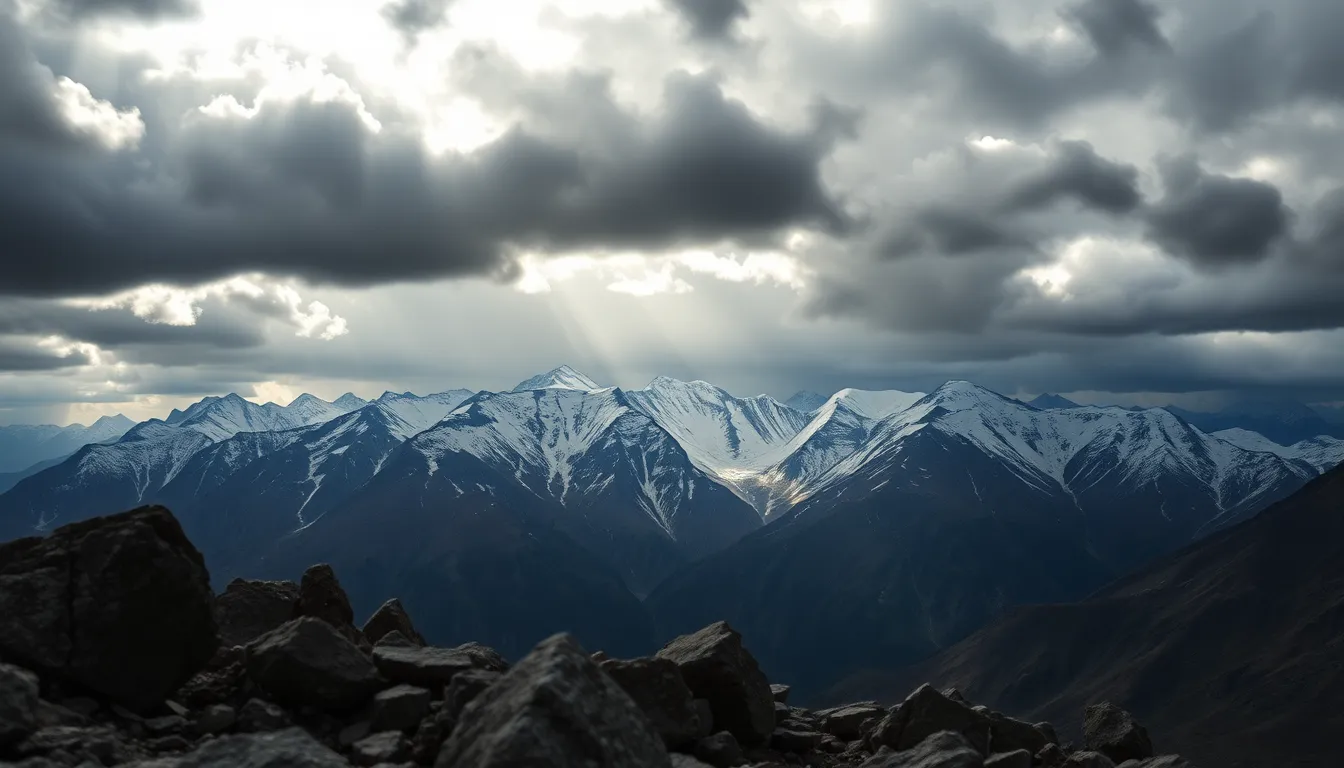 Aerial View of Rugged Mountains Under Stormy Sky