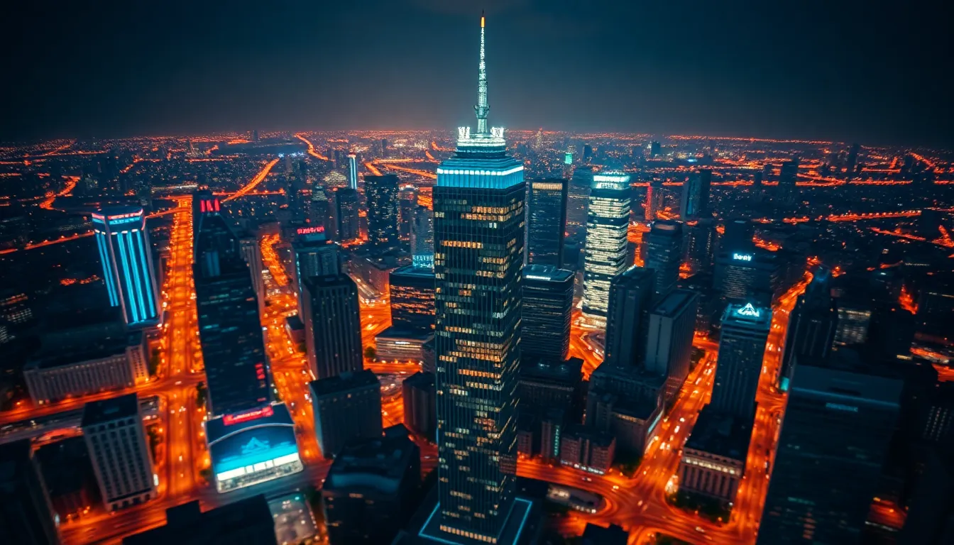 Aerial Night Cityscape with Neon Lights