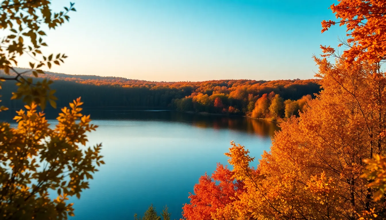 Peaceful Aerial View of Autumn Lake
