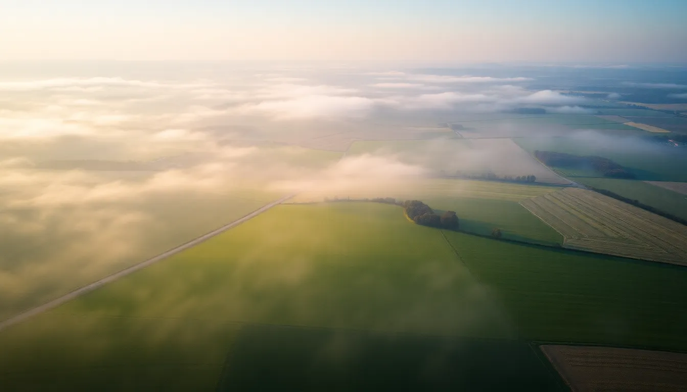 Aerial View of Patchwork Rural Fields at Dawn