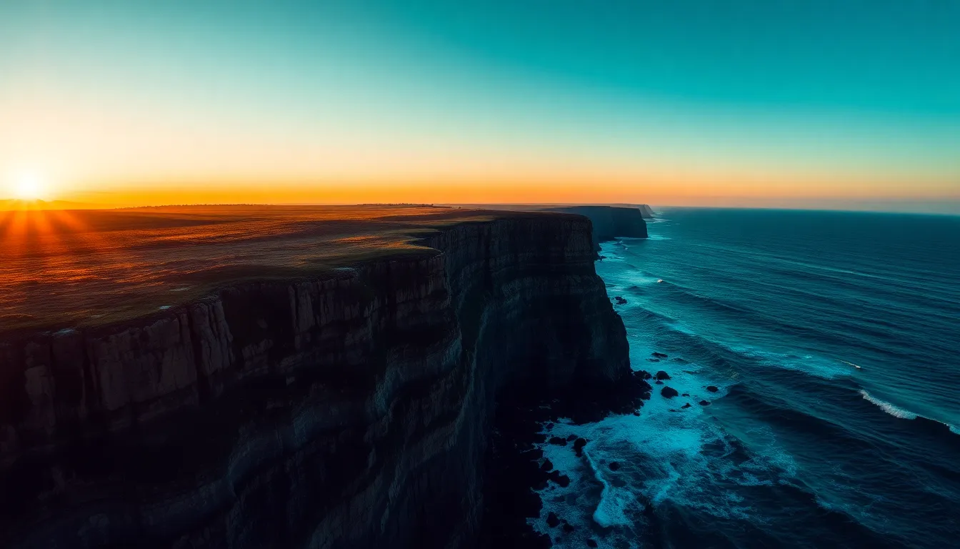 Aerial Panorama of Coastal Cliffs at Sunset