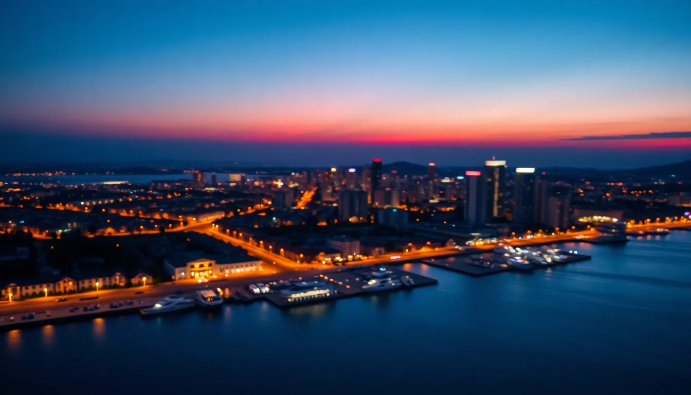 Twilight Aerial View of Coastal City Skyline