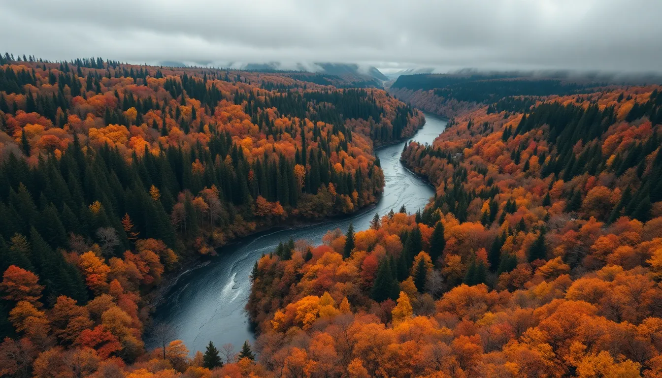 Winding Autumn River Aerial View