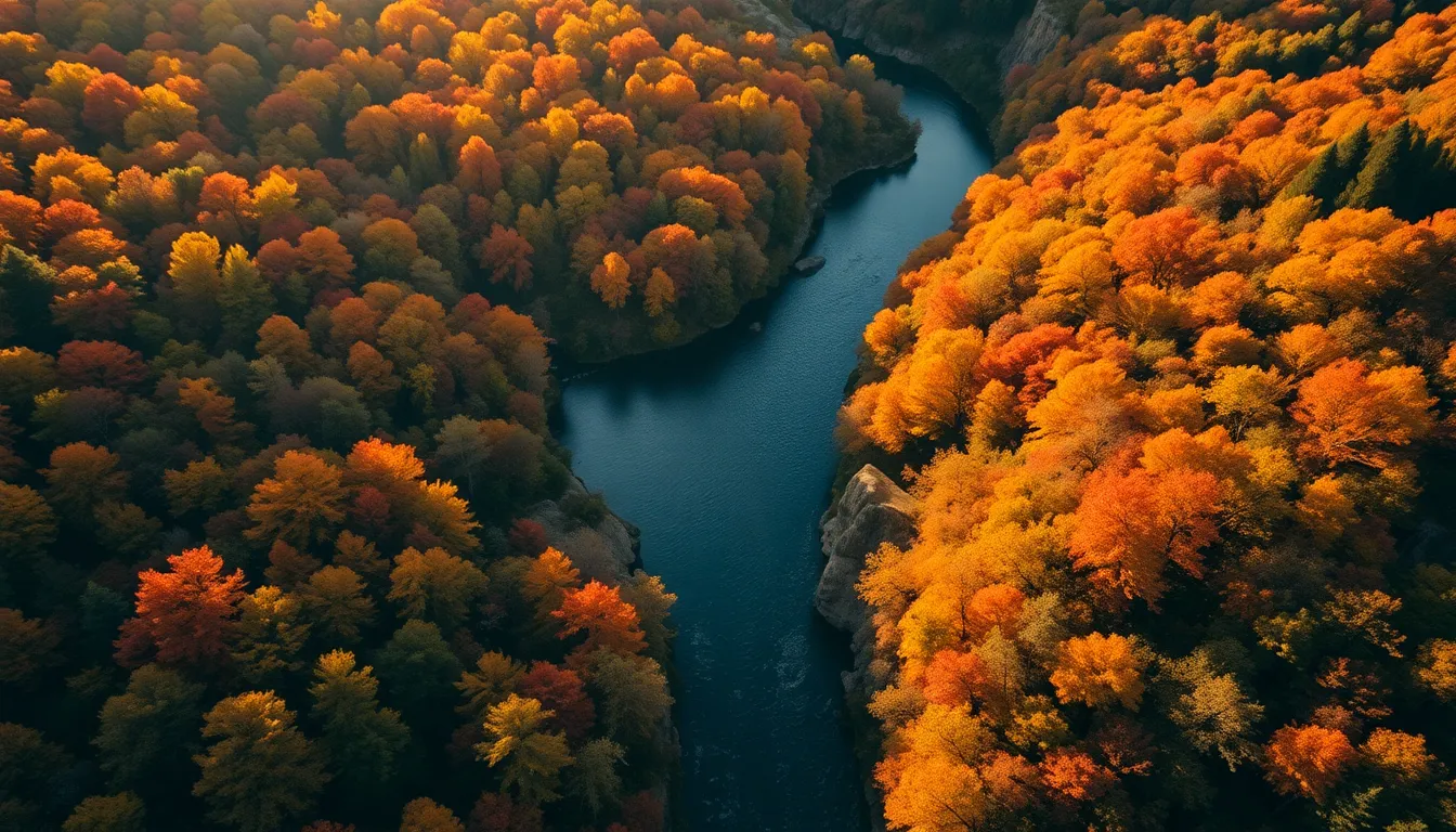 Aerial View of Autumn River Landscape