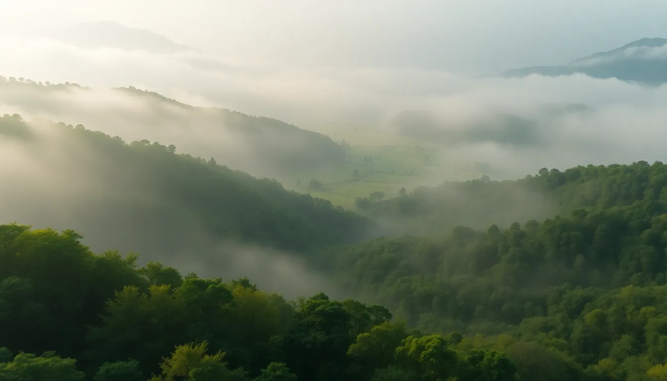 Lush Green Valley in Morning Mist