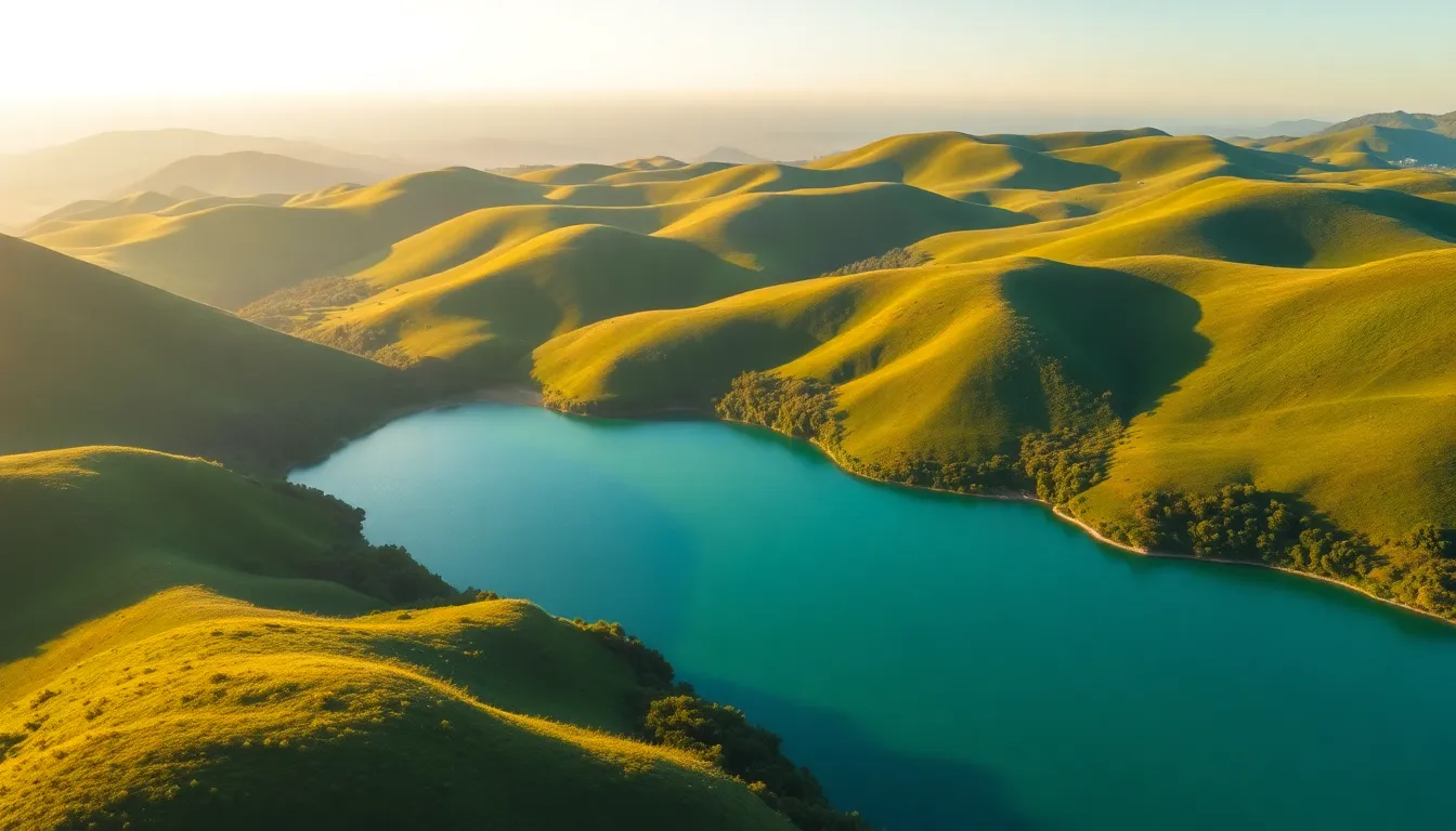 Golden Hour Aerial Over Lush Green Hills