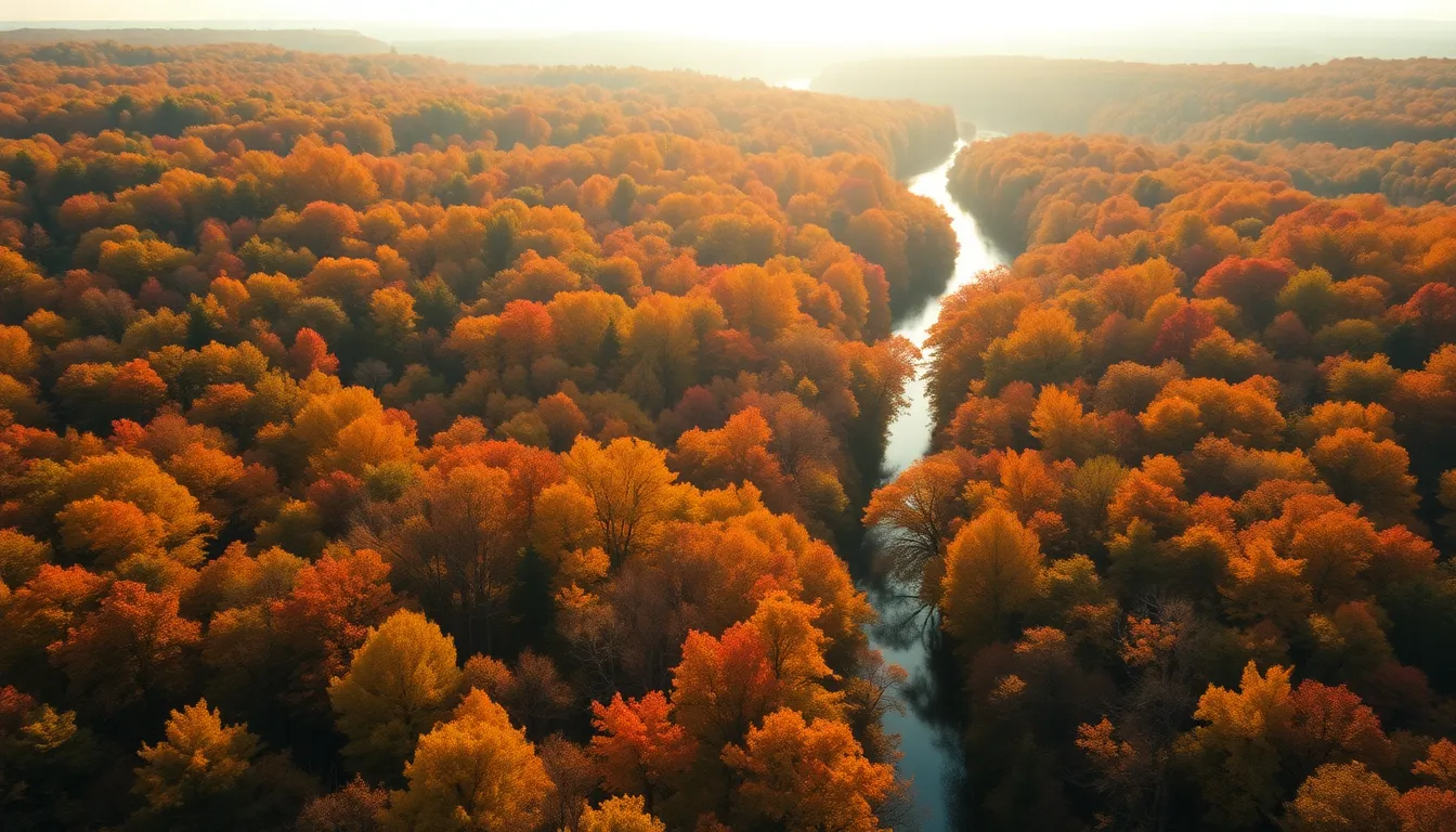 Golden Hour Autumn Forest Aerial