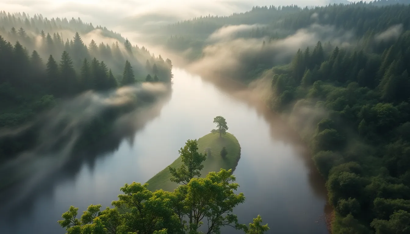 Aerial View of Winding River in Misty Forest