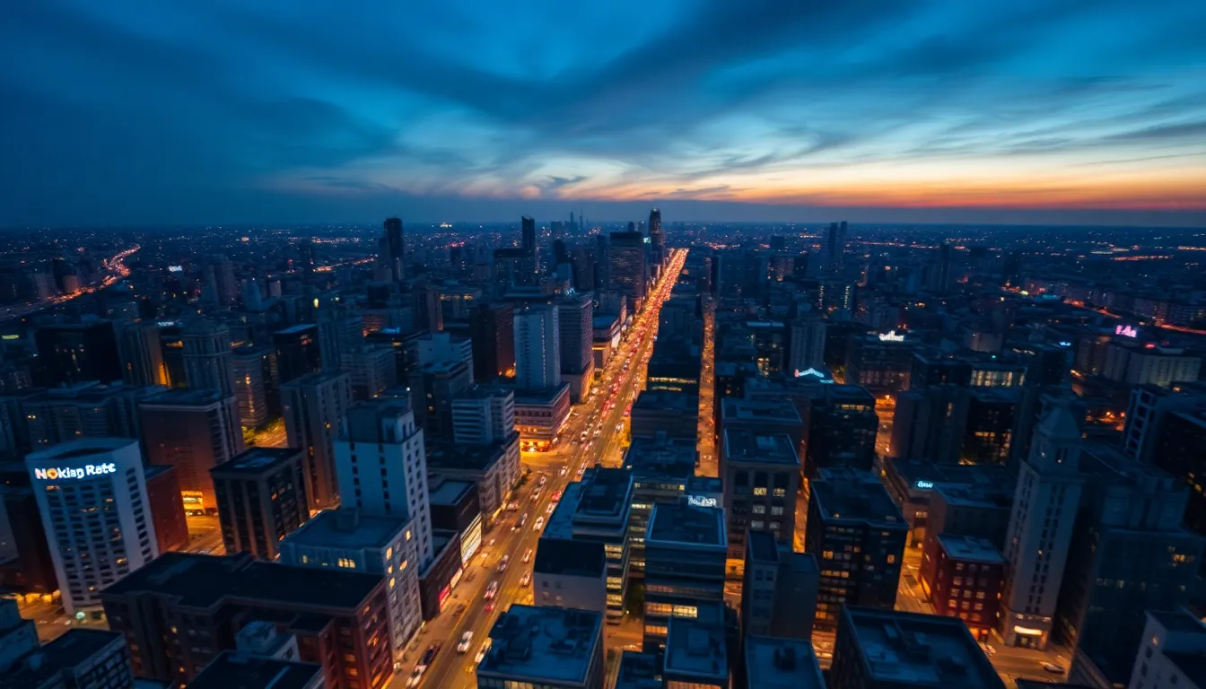 Vibrant Aerial View of Urban Cityscape at Twilight