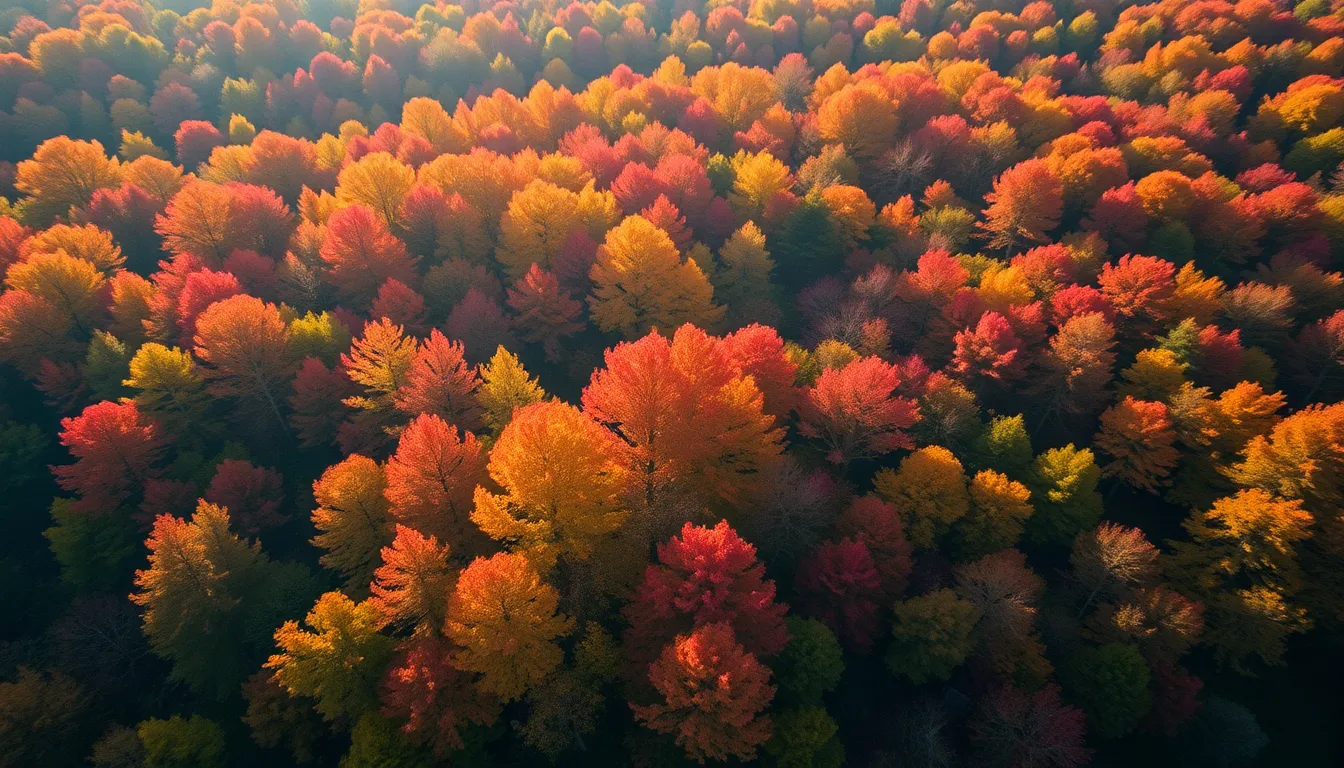 Aerial View of Autumn Forest in Early Morning Light
