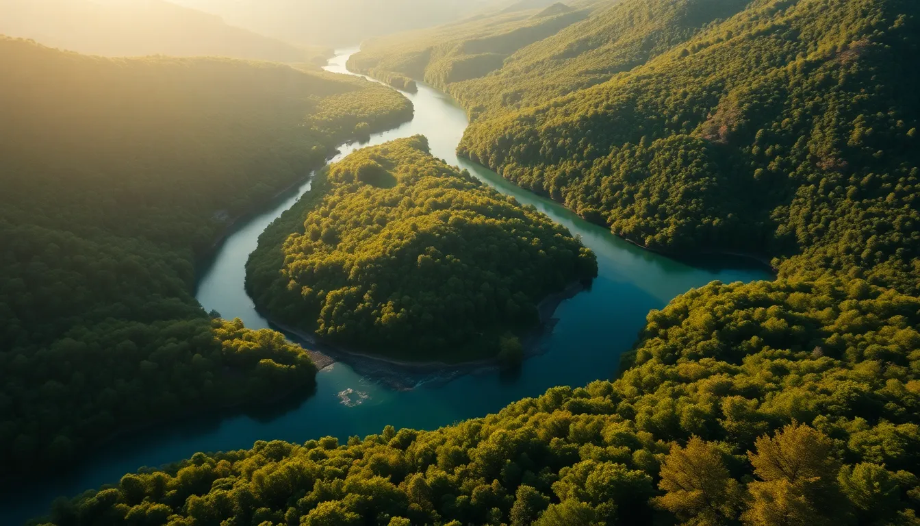 Winding River Through Lush Valley Aerial View
