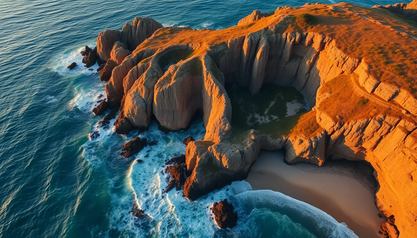 Stunning Aerial View of Rugged Coastline at Sunrise