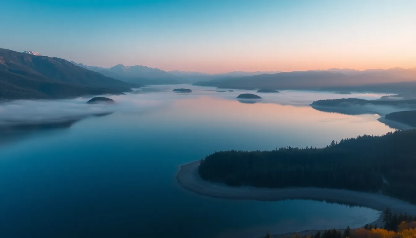 Serene Aerial View of Lake and Mountains