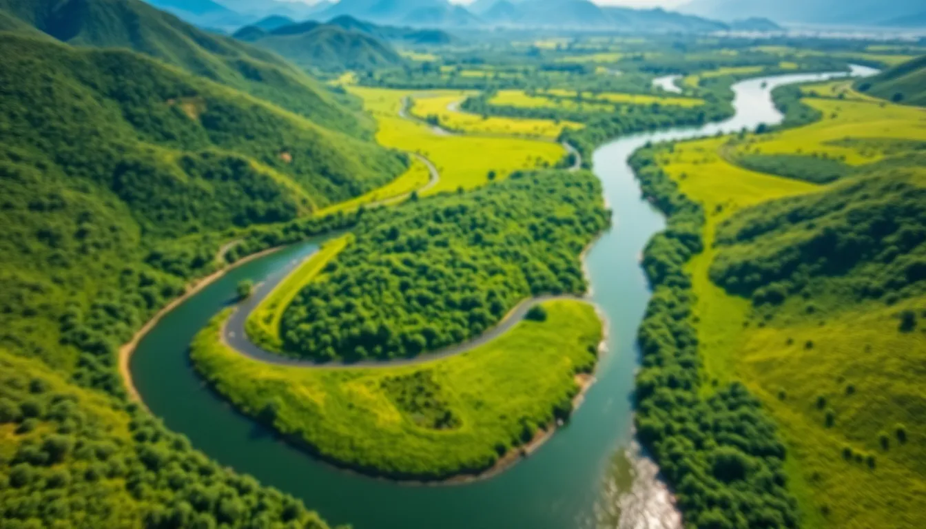 Aerial View of a River in a Verdant Valley