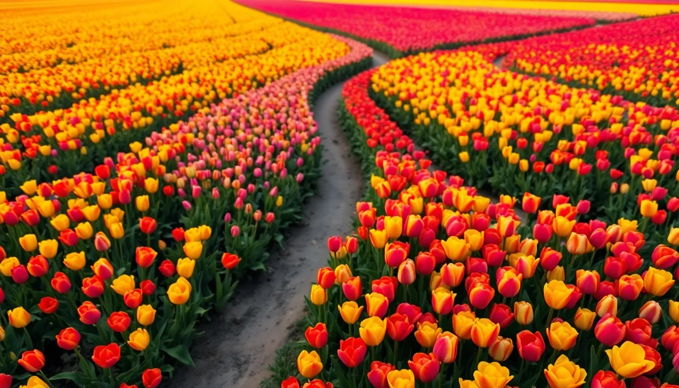 Aerial View of Blooming Tulip Field