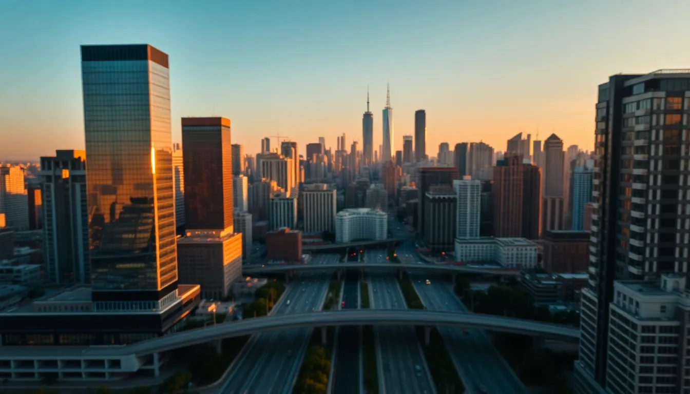 Aerial Cityscape at Sunset