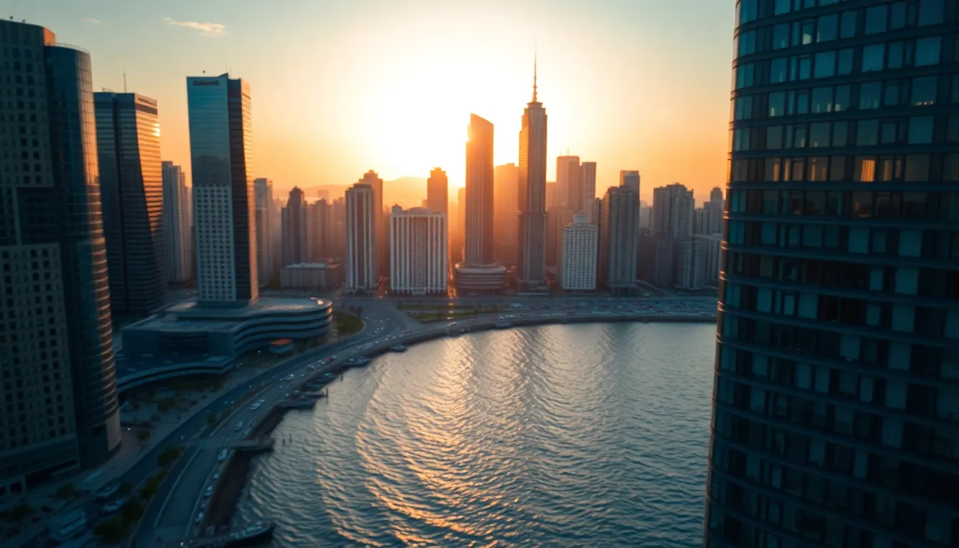 Coastal City Sunset Aerial View
