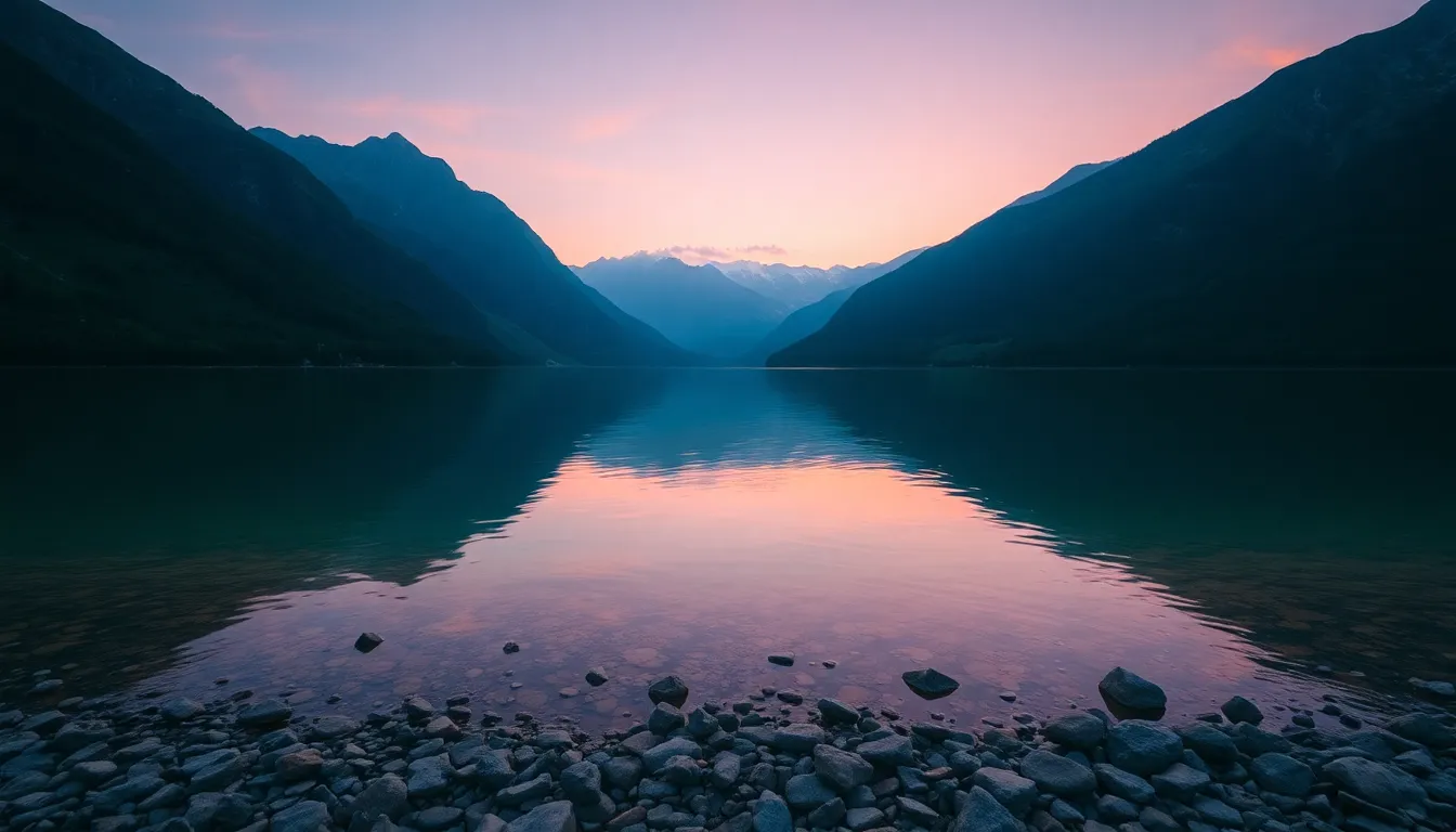 Serene Lake Surrounded by Majestic Mountains