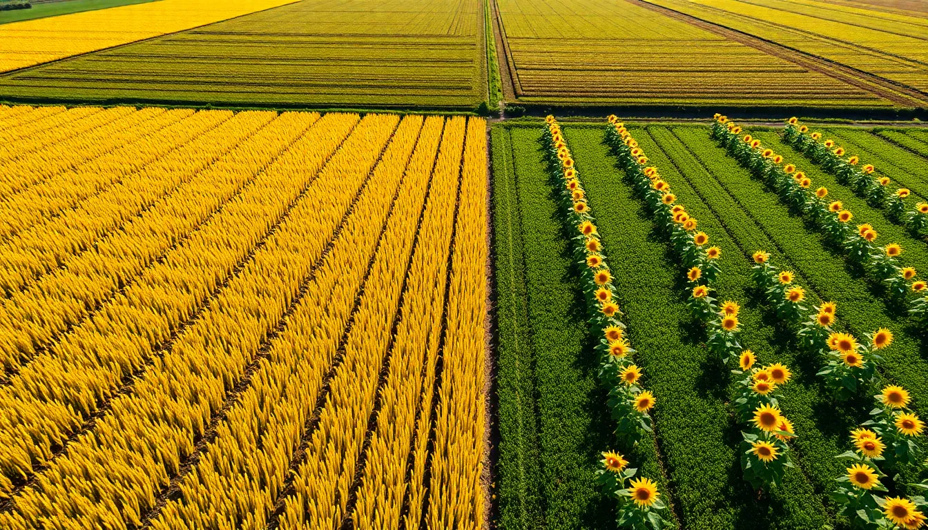 Aerial View of Blooming Sunflower Fields