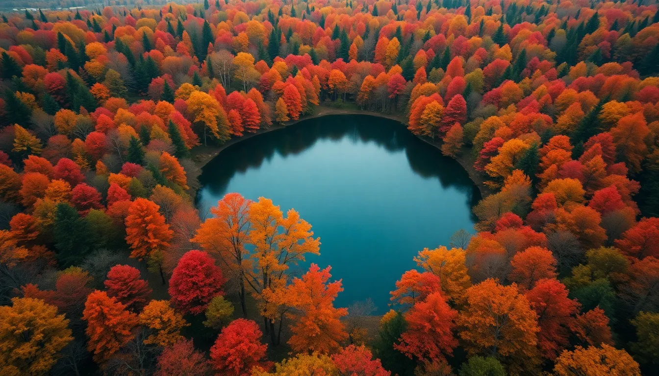 Aerial Autumn Forest with Serene Lake