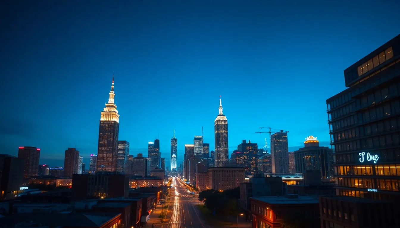 Twilight City Skyline Aerial Shot