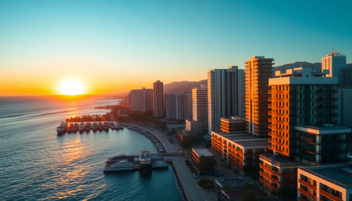 Sunset Over Vibrant Coastal City