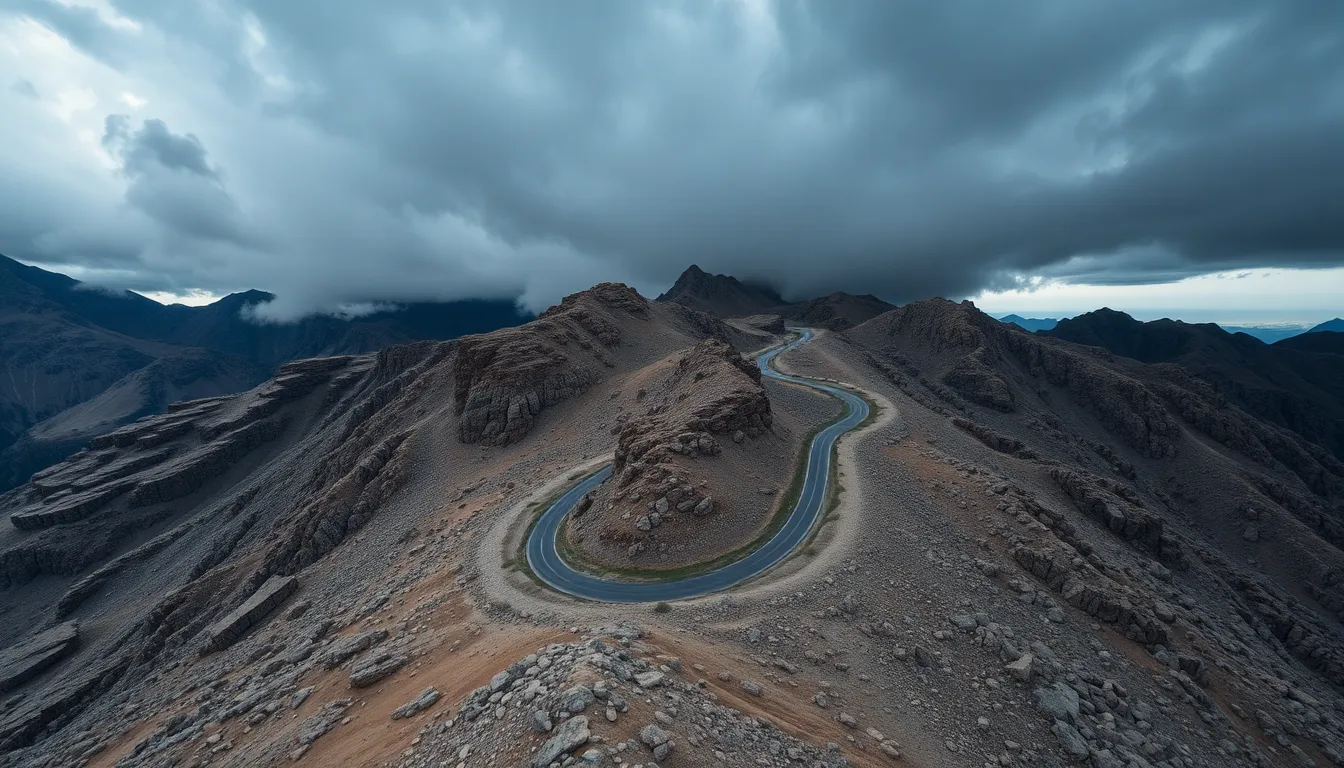 Aerial View of Mountain Road Under Stormy Sky