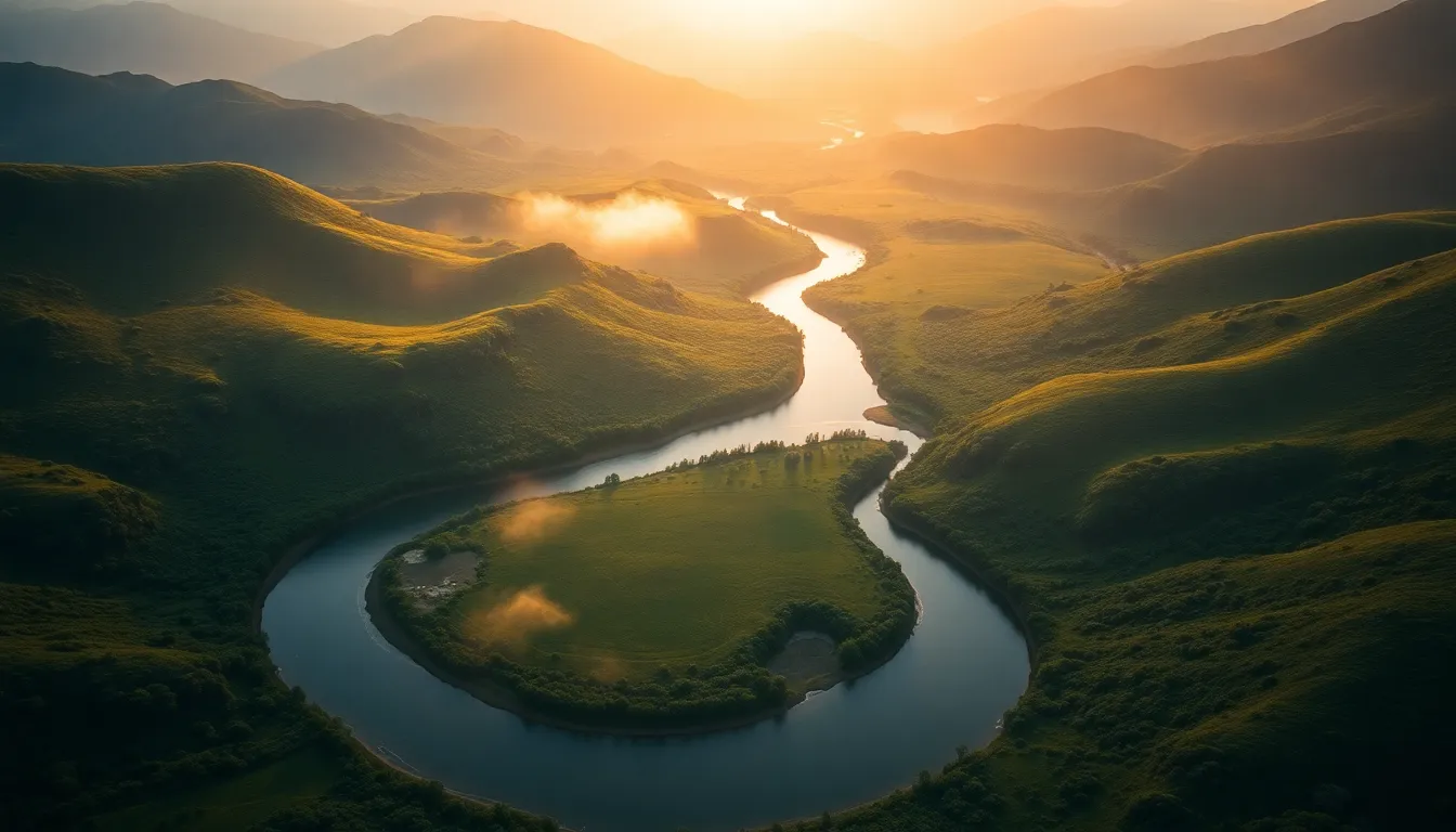 Winding River in Lush Valley at Dawn