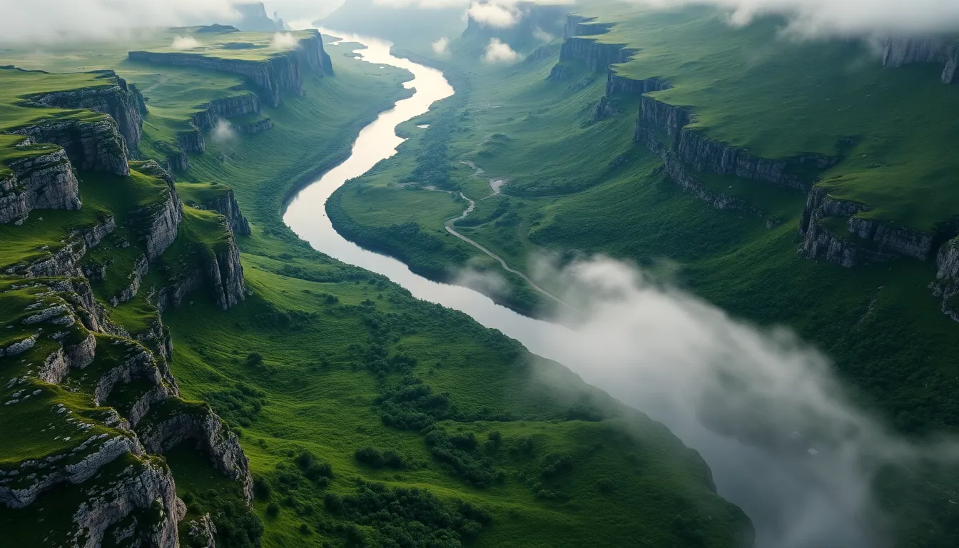 Aerial View of Winding River Through Lush Valley