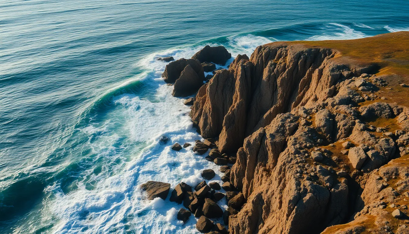 Rugged Coastal Cliffs at Sunrise Aerial Shot