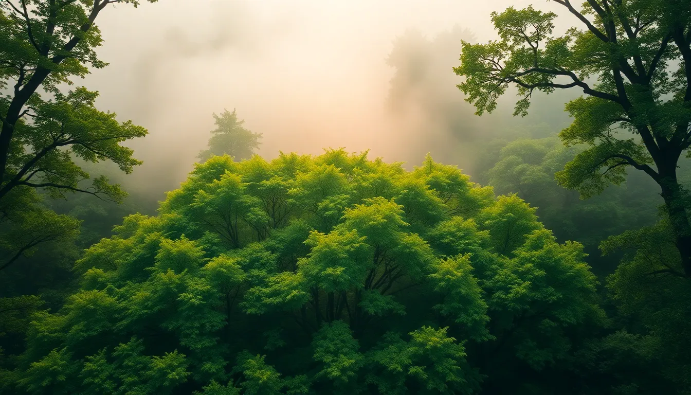 Misty Aerial View of a Lush Forest