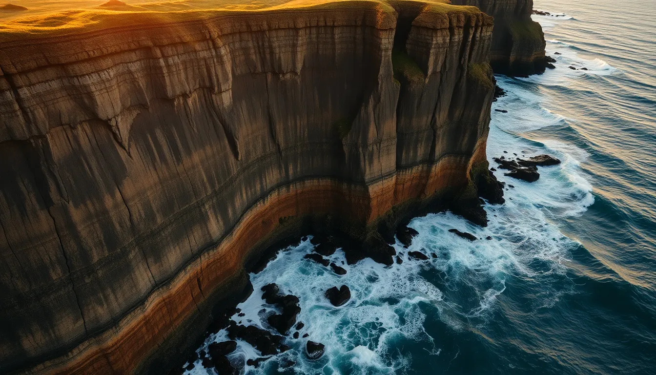 Aerial View of Coastal Cliffs at Sunset