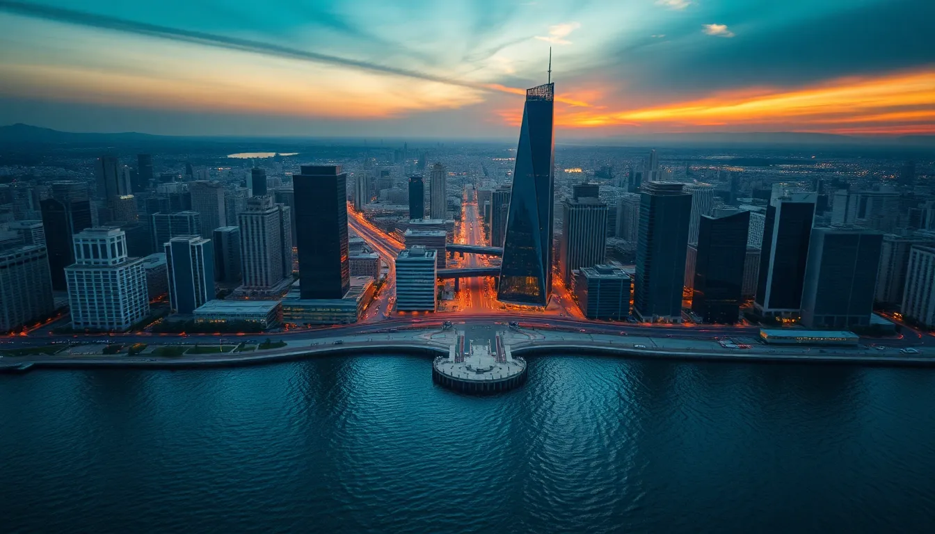 Sunset Aerial View of Coastal City