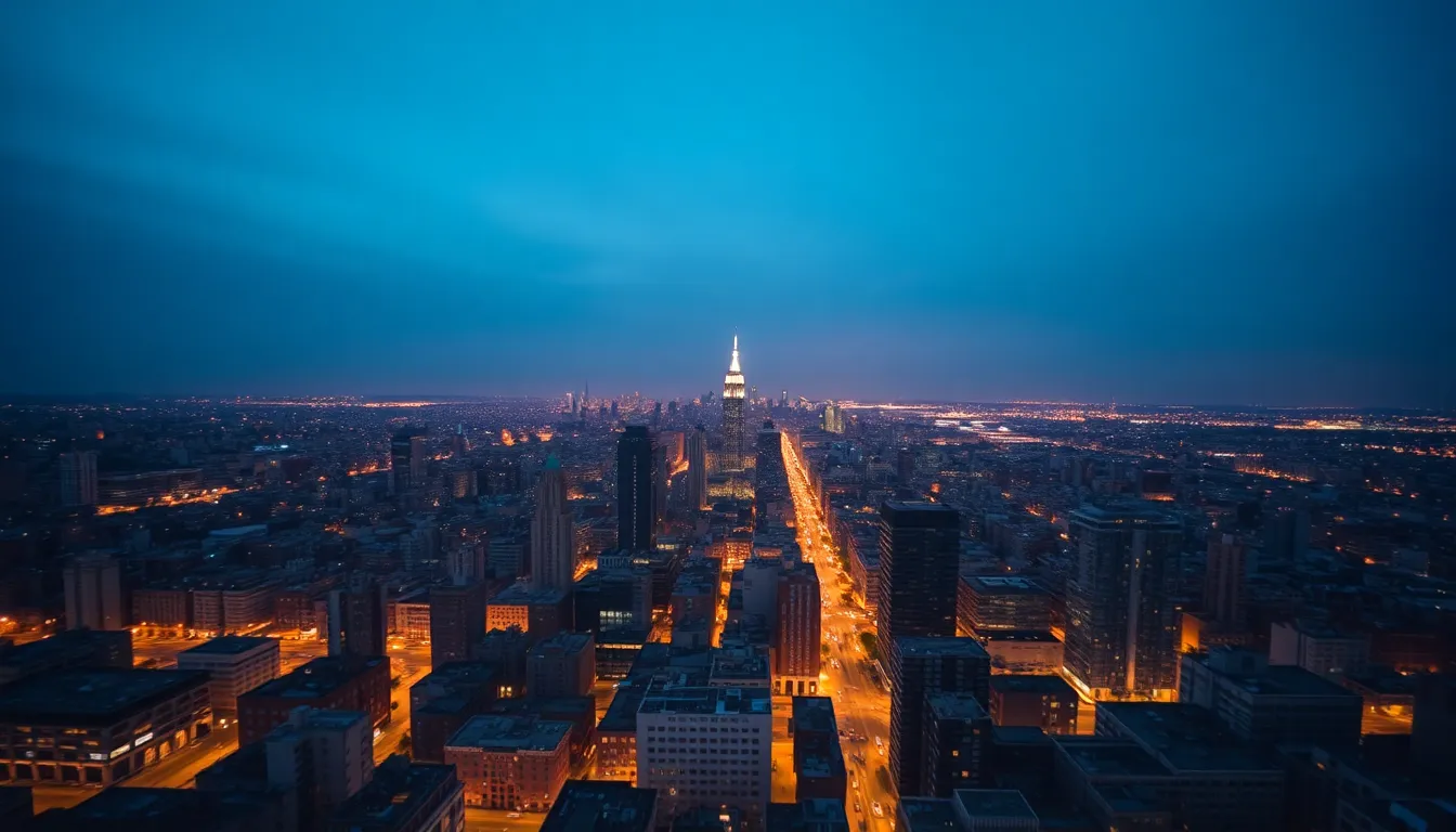 Aerial View of City Skyline at Twilight
