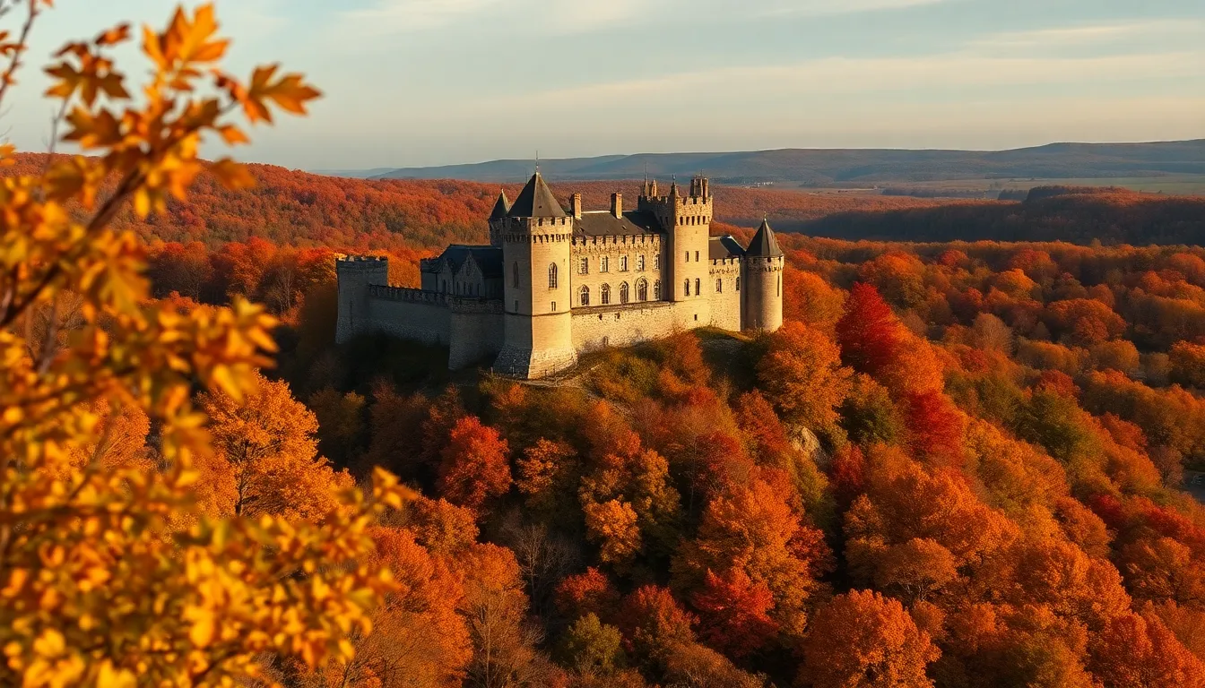 Castle Surrounded by Autumn Foliage Aerial View